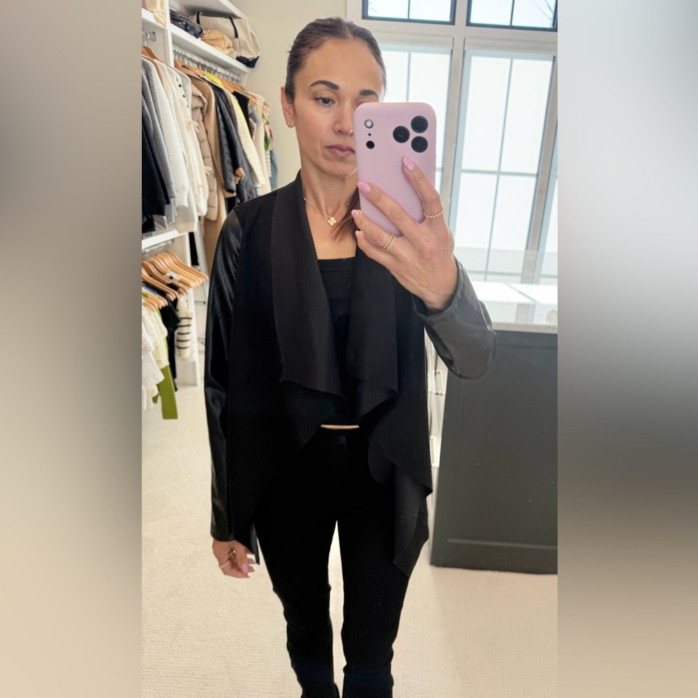 fab'rik Black Women's drape Jacket with Faux Leather Sleeves New